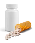 Frasco de medicamento com comprimidos espalhados